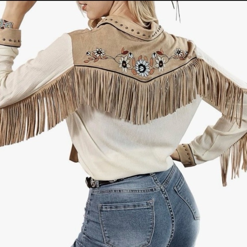 John Moon Texas Fringe Western Shirt Large Embroidered Floral Faux Suede Cowgirl